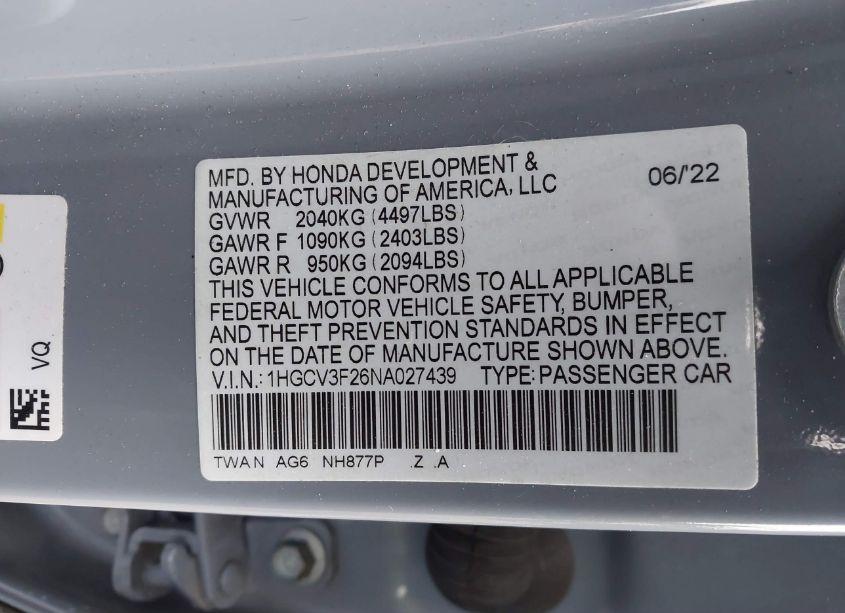 Photo 9 of 2022 Honda Accord HYBRID SPORT (VIN 1HGCV3F26NA027439)