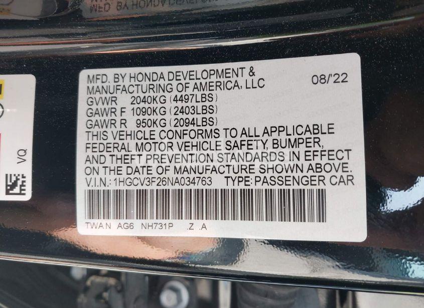 Photo 9 of 2022 Honda Accord HYBRID SPORT (VIN 1HGCV3F26NA034763)