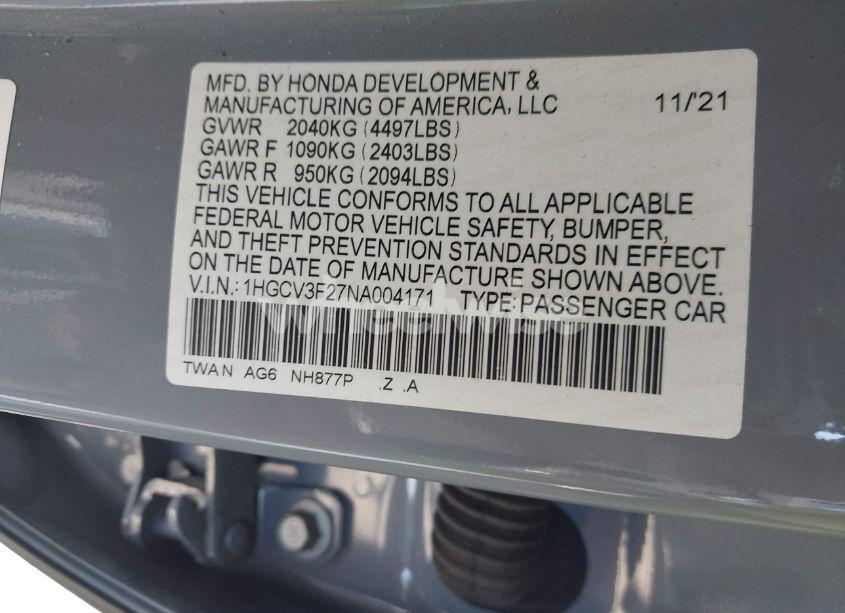 Photo 9 of 2022 Honda Accord HYBRID SPORT (VIN 1HGCV3F27NA004171)