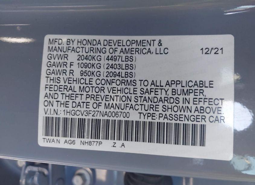 Photo 9 of 2022 Honda Accord HYBRID SPORT (VIN 1HGCV3F27NA006700)