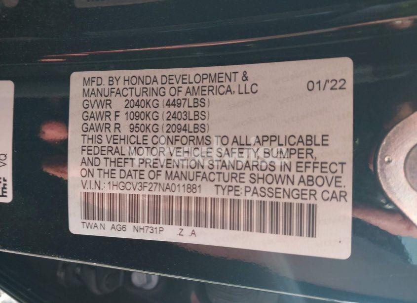 Photo 9 of 2022 Honda Accord HYBRID SPORT (VIN 1HGCV3F27NA011881)
