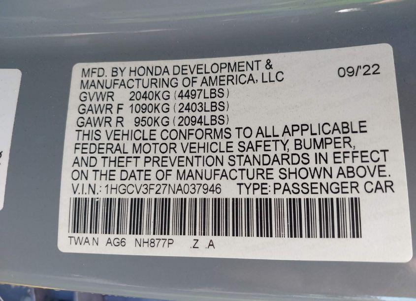Photo 9 of 2022 Honda Accord HYBRID SPORT (VIN 1HGCV3F27NA037946)