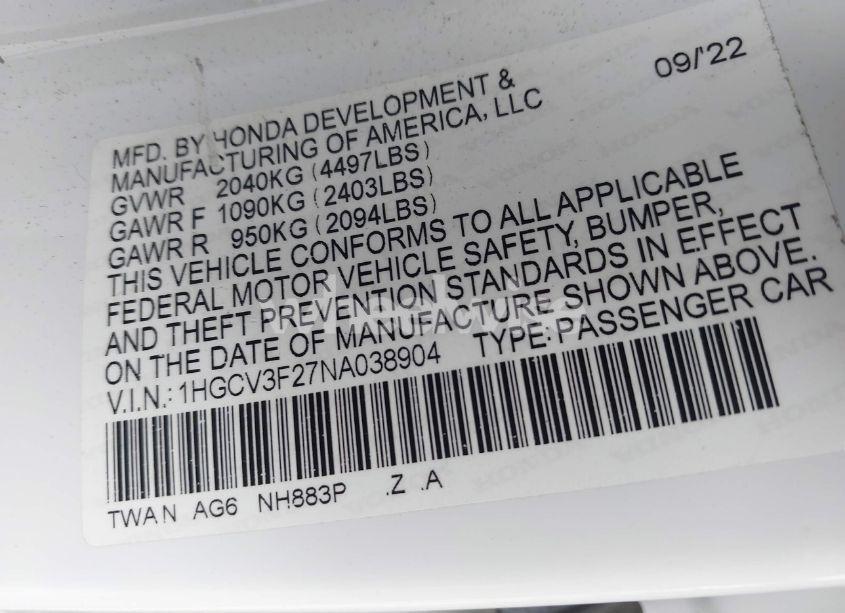 Photo 9 of 2022 Honda Accord HYBRID SPORT (VIN 1HGCV3F27NA038904)