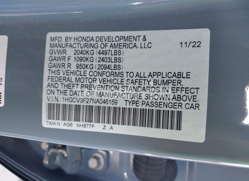 Photo 9 of 2022 Honda Accord HYBRID SPORT (VIN 1HGCV3F27NA046159)