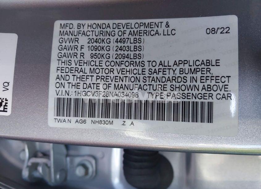 Photo 9 of 2022 Honda Accord HYBRID SPORT (VIN 1HGCV3F28NA034098)