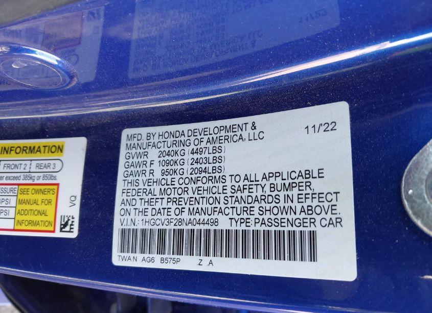 Photo 9 of 2022 Honda Accord HYBRID SPORT (VIN 1HGCV3F28NA044498)