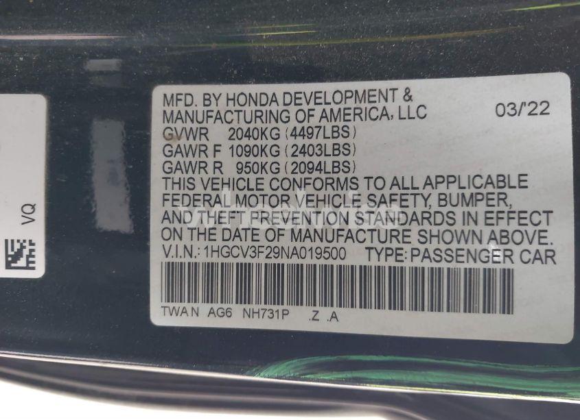 Photo 9 of 2022 Honda Accord HYBRID SPORT (VIN 1HGCV3F29NA019500)