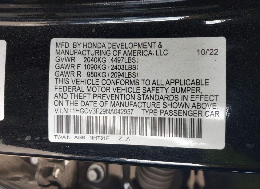 Photo 9 of 2022 Honda Accord HYBRID SPORT (VIN 1HGCV3F29NA042937)