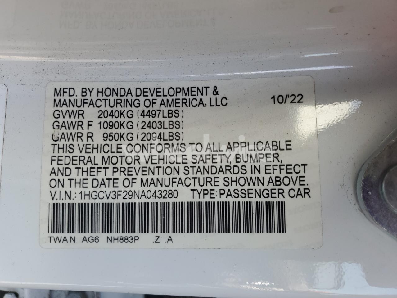 Photo 12 of 2022 HONDA ACCORD HYBRID SPORT (VIN 1HGCV3F29NA043280)