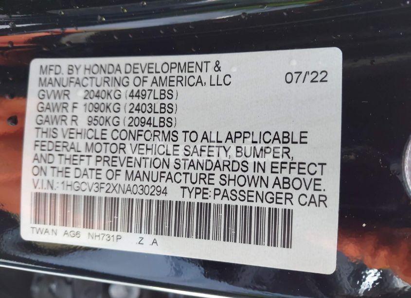 Photo 9 of 2022 Honda Accord HYBRID SPORT (VIN 1HGCV3F2XNA030294)