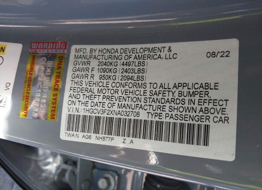 Photo 9 of 2022 Honda Accord HYBRID SPORT (VIN 1HGCV3F2XNA032708)