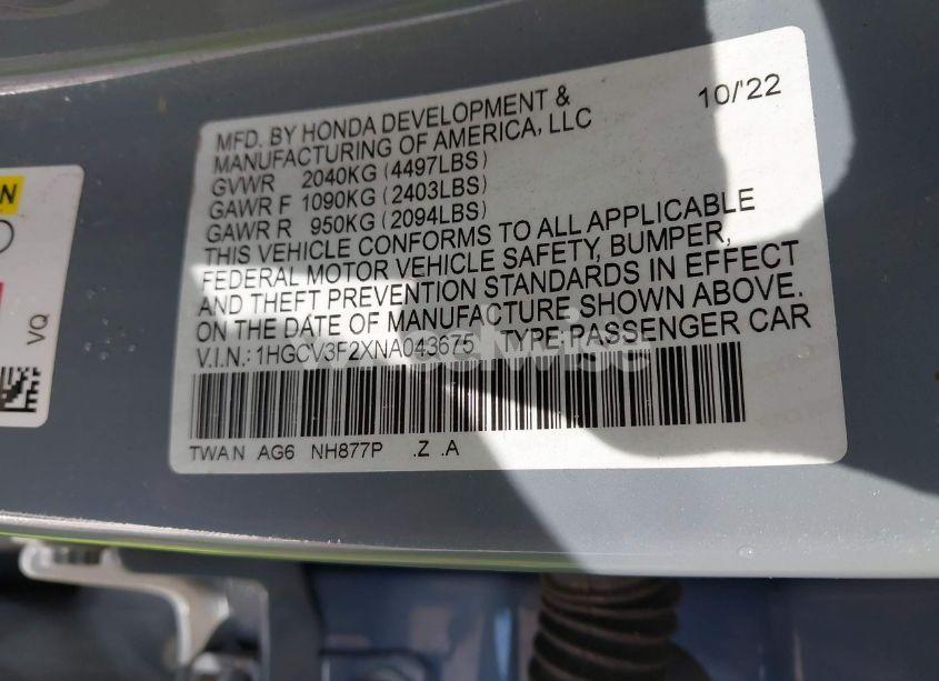 Photo 9 of 2022 Honda Accord HYBRID SPORT (VIN 1HGCV3F2XNA043675)