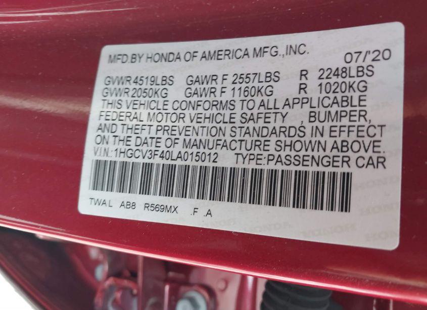 Photo 9 of 2020 Honda Accord HYBRID EX (VIN 1HGCV3F40LA015012)