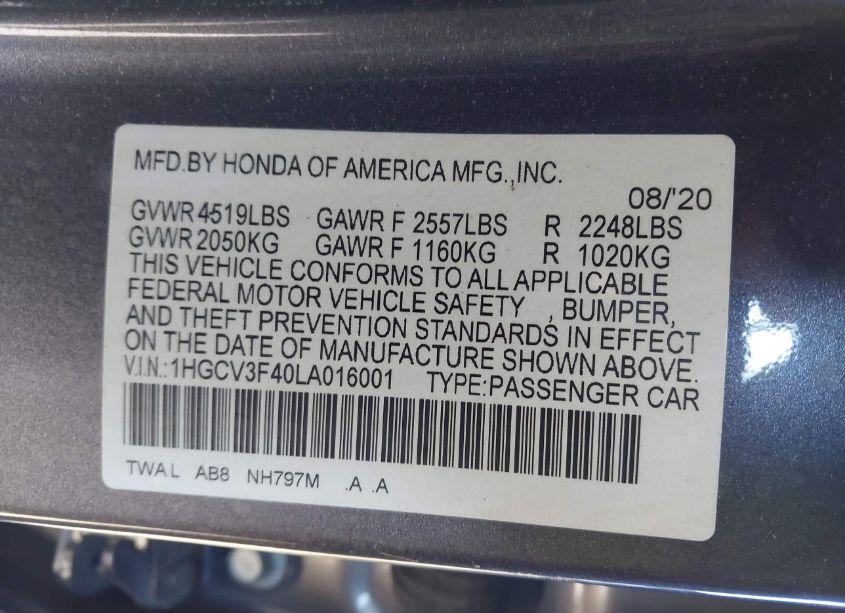 Photo 9 of 2020 Honda Accord HYBRID EX (VIN 1HGCV3F40LA016001)