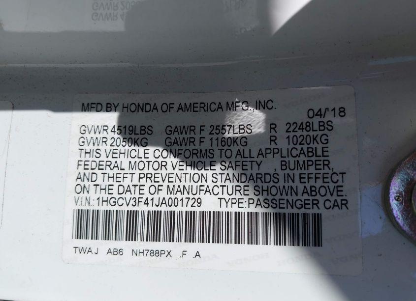 Photo 9 of 2018 Honda Accord HYBRID EX (VIN 1HGCV3F41JA001729)