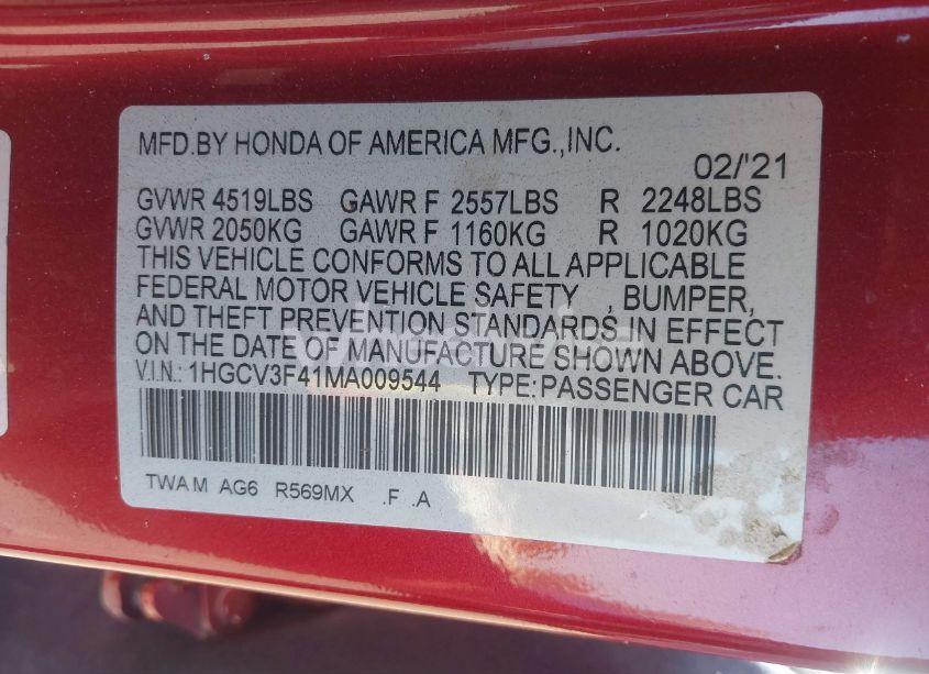 Photo 9 of 2021 Honda Accord N/A (VIN 1HGCV3F41MA009544)