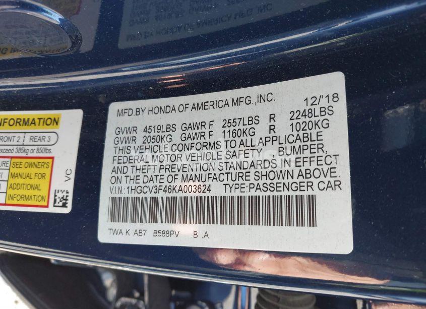 Photo 9 of 2019 Honda Accord HYBRID EX (VIN 1HGCV3F46KA003624)