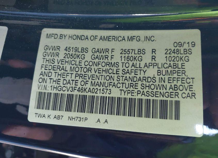 Photo 9 of 2019 Honda Accord HYBRID EX (VIN 1HGCV3F46KA021573)