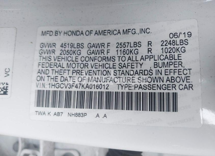 Photo 9 of 2019 Honda Accord HYBRID EX (VIN 1HGCV3F47KA016012)