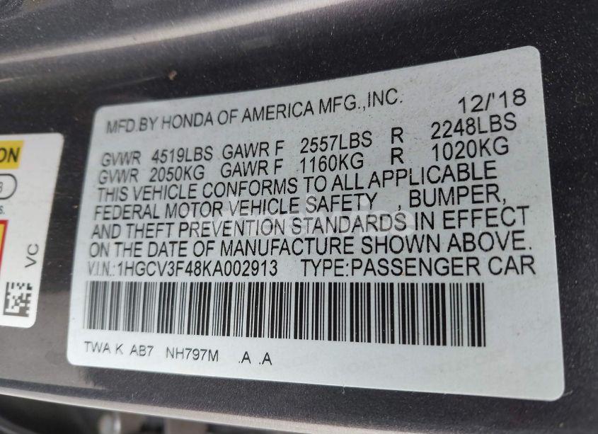 Photo 9 of 2019 Honda Accord HYBRID EX (VIN 1HGCV3F48KA002913)