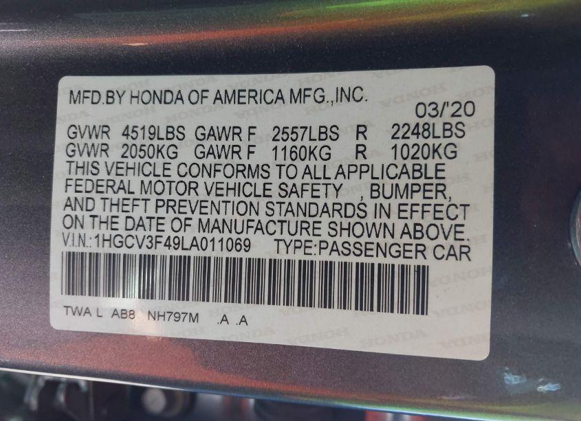 Photo 9 of 2020 Honda Accord HYBRID EX (VIN 1HGCV3F49LA011069)