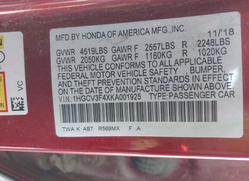 Photo 9 of 2019 Honda Accord HYBRID EX (VIN 1HGCV3F4XKA001925)