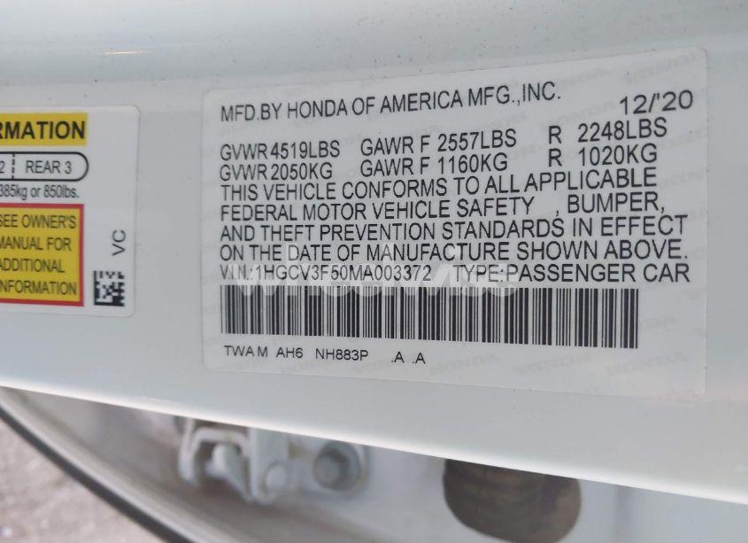 Photo 9 of 2021 Honda Accord HYBRID EX-L (VIN 1HGCV3F50MA003372)