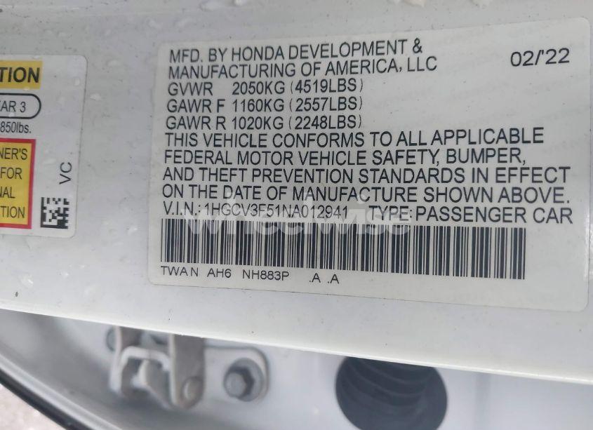Photo 9 of 2022 Honda Accord HYBRID EX-L (VIN 1HGCV3F51NA012941)