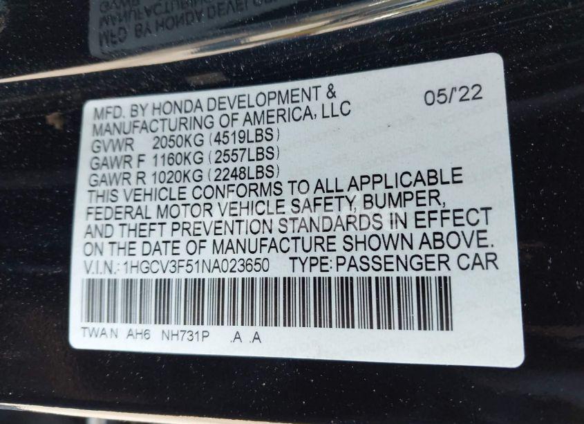 Photo 9 of 2022 Honda Accord HYBRID EX-L (VIN 1HGCV3F51NA023650)