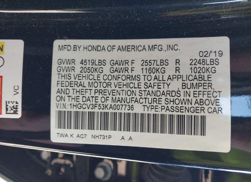 Photo 9 of 2019 Honda Accord HYBRID EX-L (VIN 1HGCV3F53KA007736)