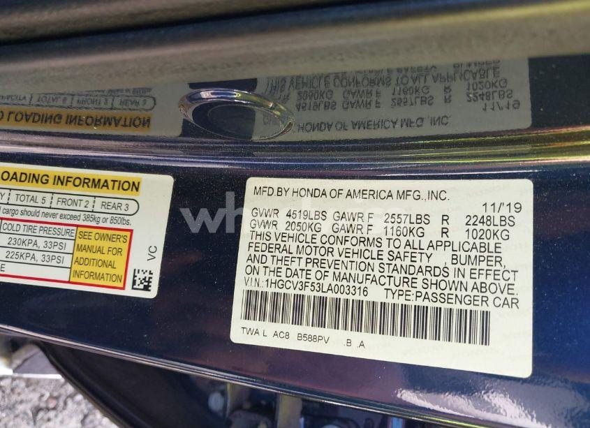 Photo 9 of 2020 Honda Accord HYBRID EX-L (VIN 1HGCV3F53LA003316)