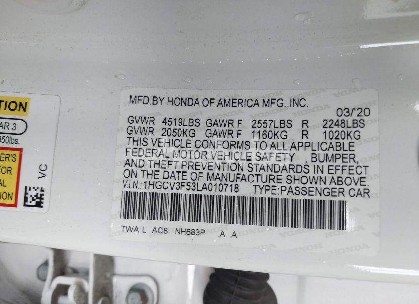 Photo 9 of 2020 Honda Accord (VIN 1HGCV3F53LA010718)