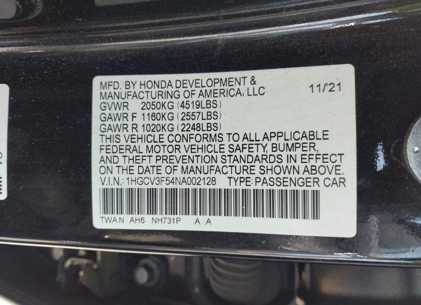 Photo 9 of 2022 Honda Accord HYBRID EX-L (VIN 1HGCV3F54NA002128)
