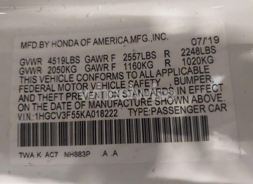 Photo 9 of 2019 Honda Accord HYBRID EX-L (VIN 1HGCV3F55KA018222)