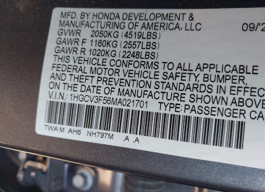 Photo 9 of 2021 Honda Accord (VIN 1HGCV3F56MA021701)