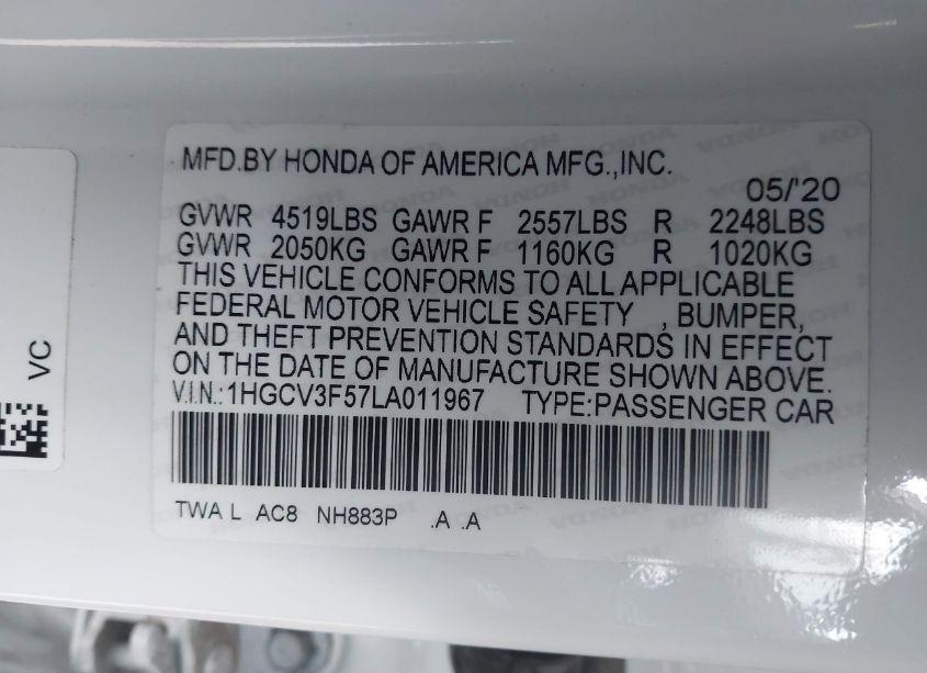 Photo 9 of 2020 Honda Accord HYBRID EX-L (VIN 1HGCV3F57LA011967)
