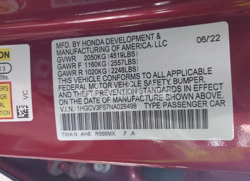 Photo 9 of 2022 Honda Accord HYBRID EX-L (VIN 1HGCV3F57NA029498)