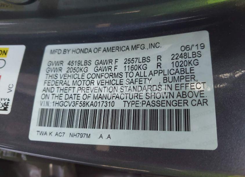 Photo 9 of 2019 Honda Accord HYBRID EX-L (VIN 1HGCV3F58KA017310)