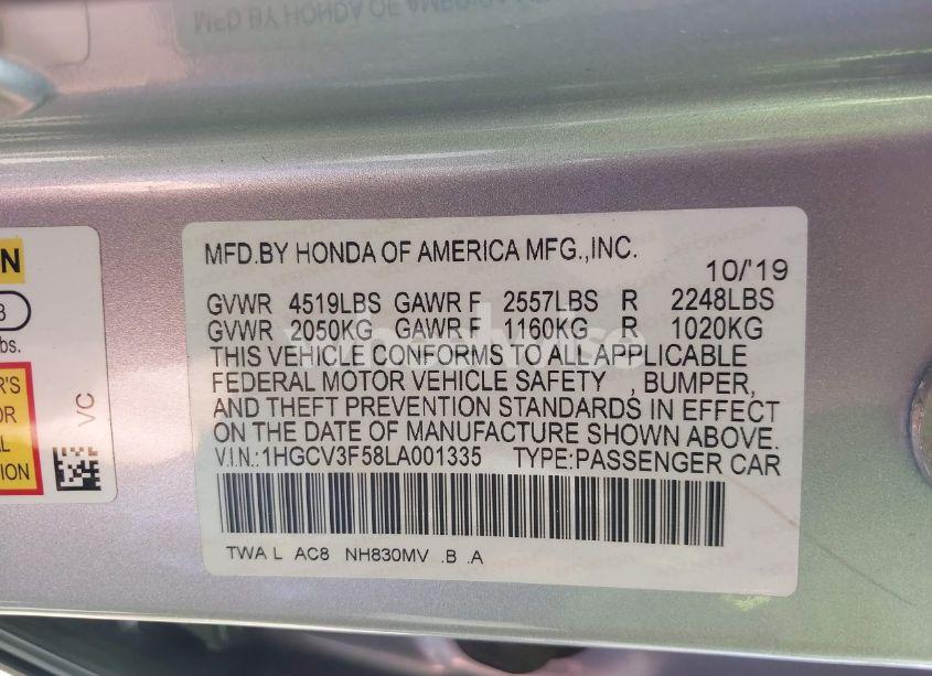 Photo 9 of 2020 Honda Accord HYBRID EX-L (VIN 1HGCV3F58LA001335)