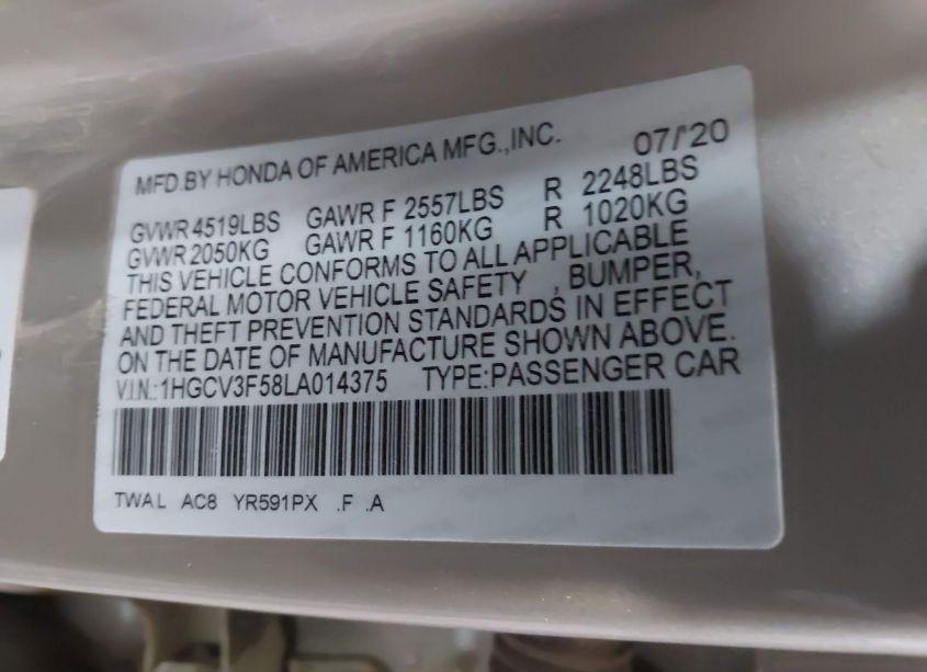 Photo 9 of 2020 Honda Accord HYBRID EX-L (VIN 1HGCV3F58LA014375)