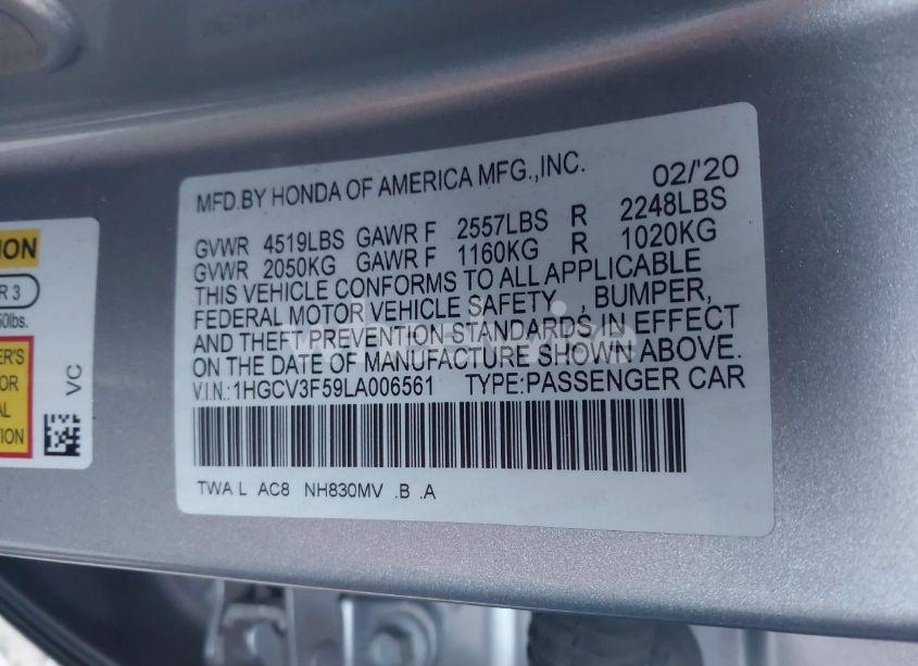 Photo 9 of 2020 Honda Accord HYBRID EX-L (VIN 1HGCV3F59LA006561)