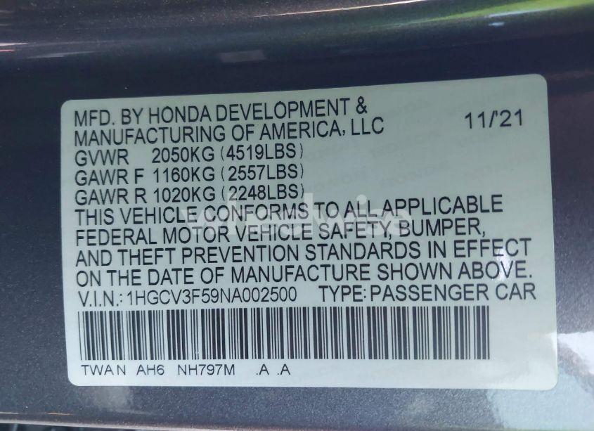 Photo 9 of 2022 Honda Accord HYBRID EX-L (VIN 1HGCV3F59NA002500)