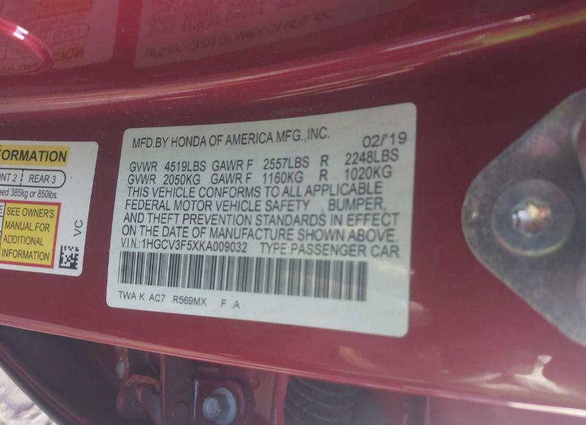 Photo 9 of 2019 Honda Accord HYBRID EX-L (VIN 1HGCV3F5XKA009032)