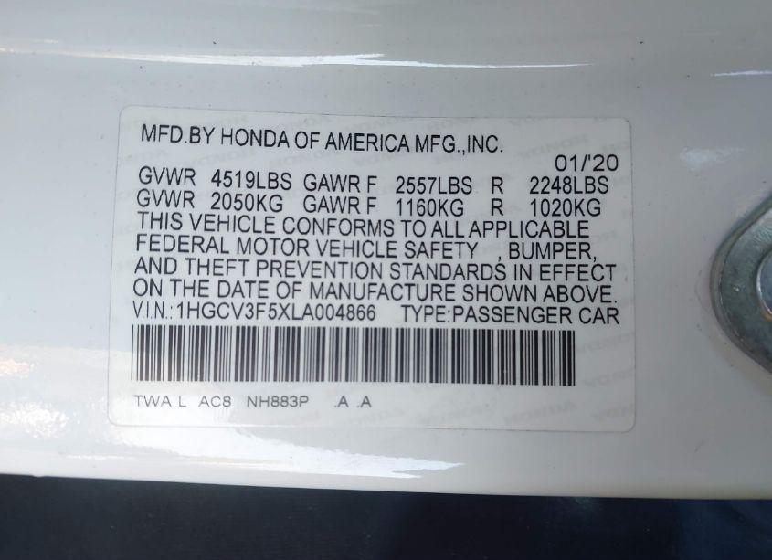 Photo 9 of 2020 Honda Accord HYBRID EX-L (VIN 1HGCV3F5XLA004866)