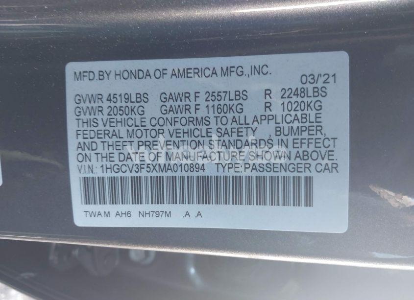 Photo 9 of 2021 Honda Accord HYBRID EX-L (VIN 1HGCV3F5XMA010894)