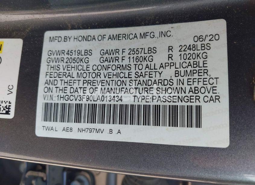 Photo 9 of 2020 Honda Accord HYBRID TOURING (VIN 1HGCV3F90LA013434)