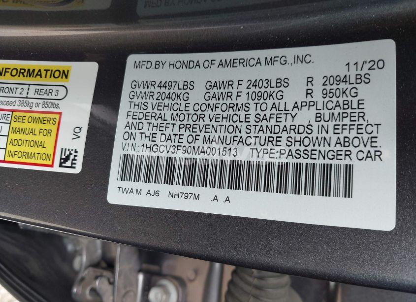 Photo 9 of 2021 Honda Accord HYBRID TOURING (VIN 1HGCV3F90MA001513)
