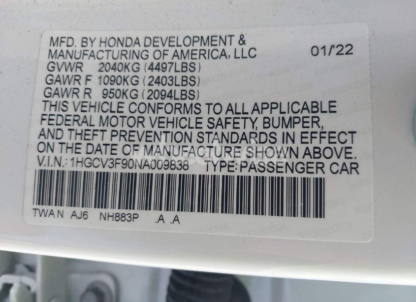 Photo 9 of 2022 Honda Accord HYBRID TOURING (VIN 1HGCV3F90NA009838)