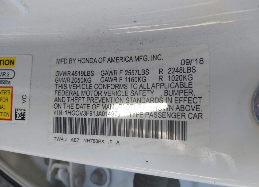 Photo 9 of 2018 Honda Accord HYBRID TOURING (VIN 1HGCV3F91JA014976)