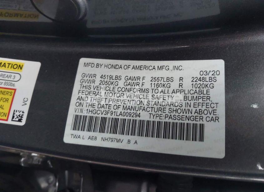 Photo 9 of 2020 Honda Accord HYBRID TOURING (VIN 1HGCV3F91LA009294)